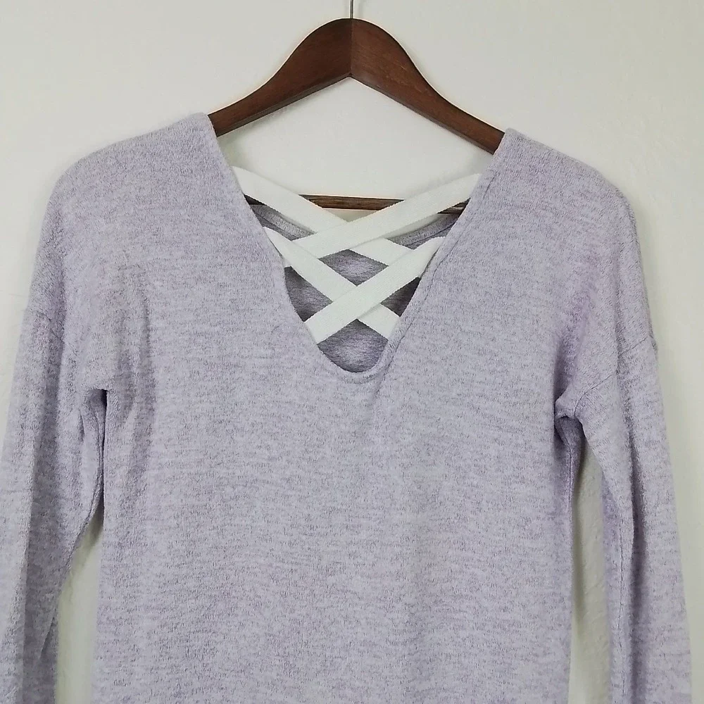Poof Girl Large Lavender Purple Knit‎ Sweater V-Neck Crisscross Back Long Sleeve